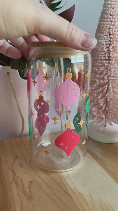Christmas Ornaments Glass Cup with Bamboo Lid and Glass Straw