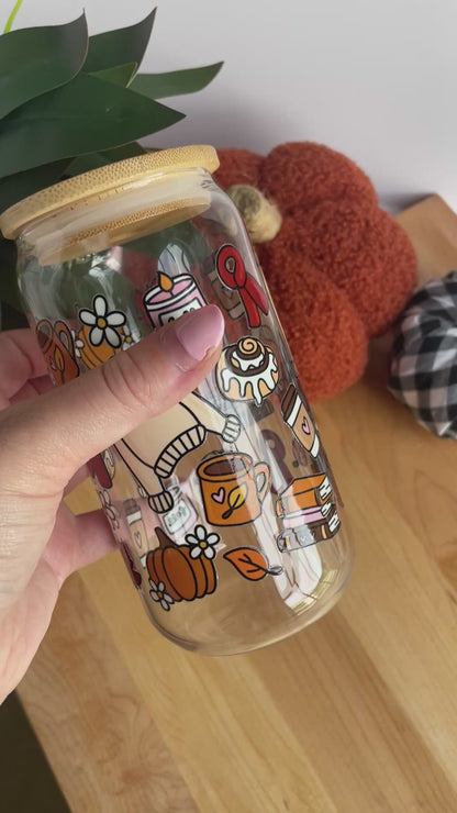 Cozy Fall Girlie Glass Cup with Bamboo Lid and Glass Straw